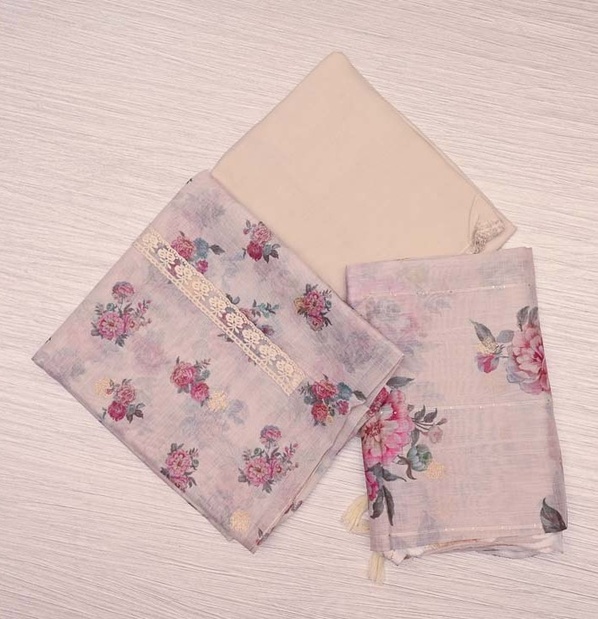 Cream Floral Linen Salwar Material