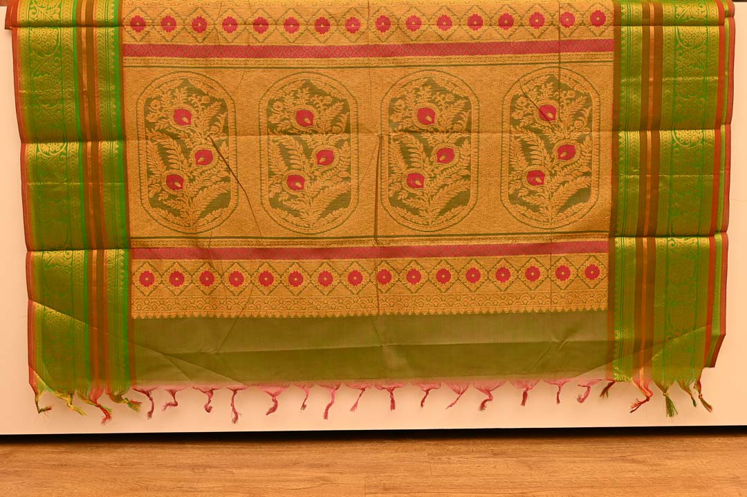 Dark Green and Gold Pure Chettinad Cotton Sarees (4) Bottle Green Chettinad Cotton Saree