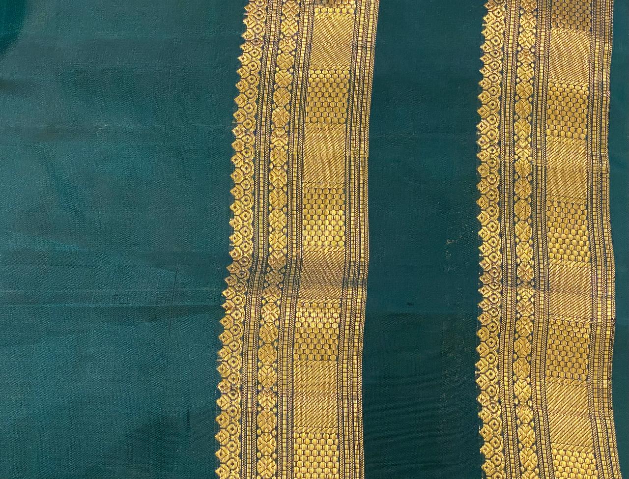 Mustard yellow with Peacock Green Kanchipuram Silk Saree With Retta Patta Border