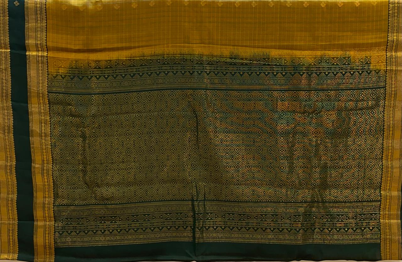Mustard yellow with Peacock Green Kanchipuram Silk Saree With Retta Patta Border