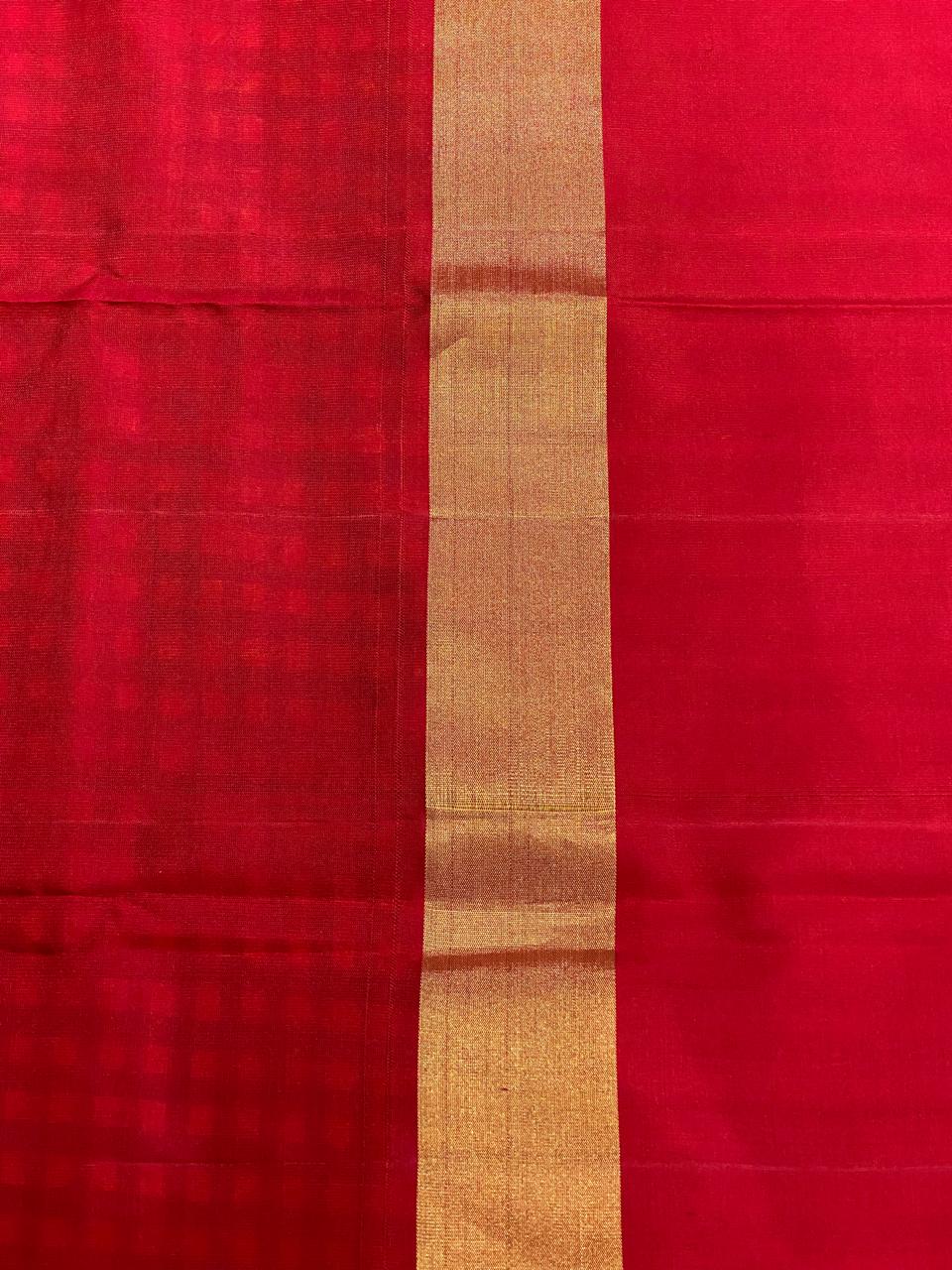 Peacock Green & Mustard checks with Maroon Border Single Putta Kanchipuram Silk Saree
