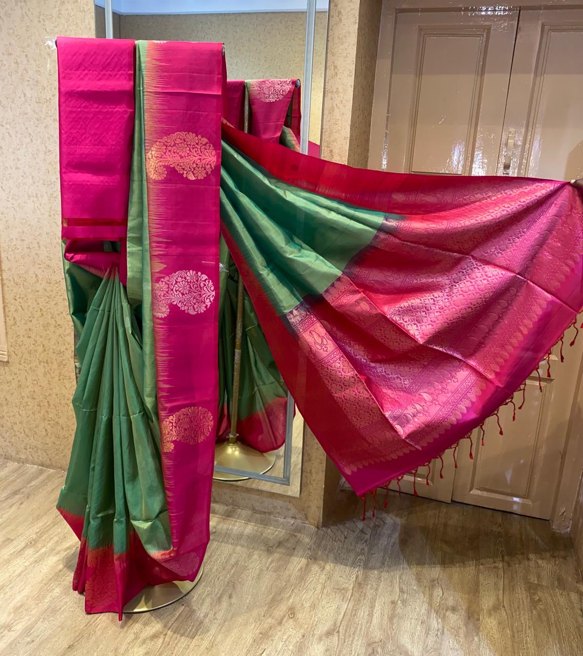Parrot Green with Dark Pink Kanchipuram Silk Saree with Turning Border