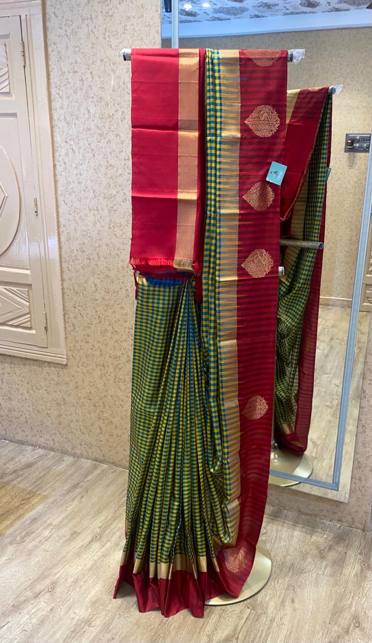 Peacock Green & Mustard checks with Maroon Border Single Putta Kanchipuram Silk Saree