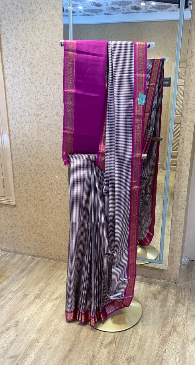 Pink Border with Small Checked Kanchipuram Silk Saree ❤️