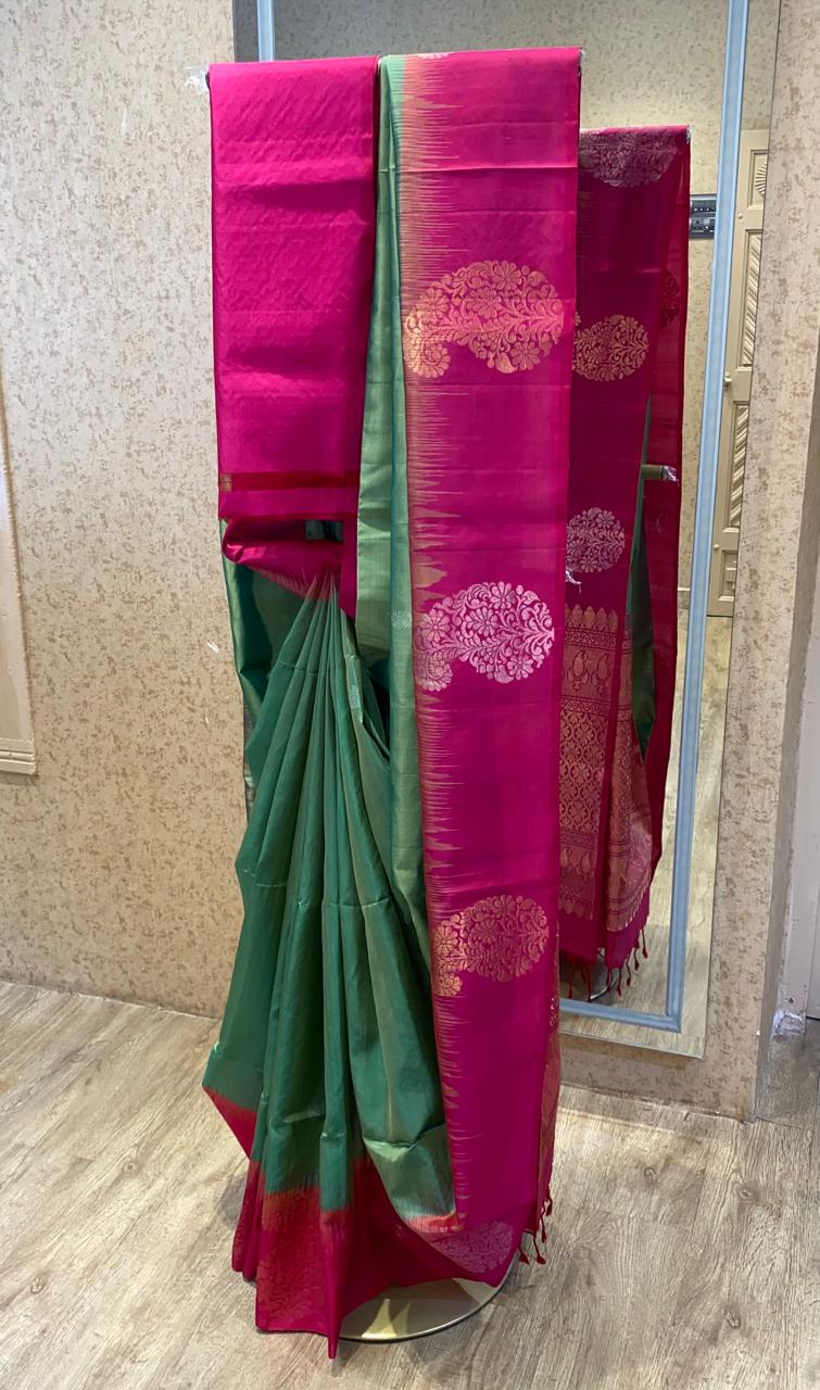 Parrot Green with Dark Pink Kanchipuram Silk Saree with Turning Border