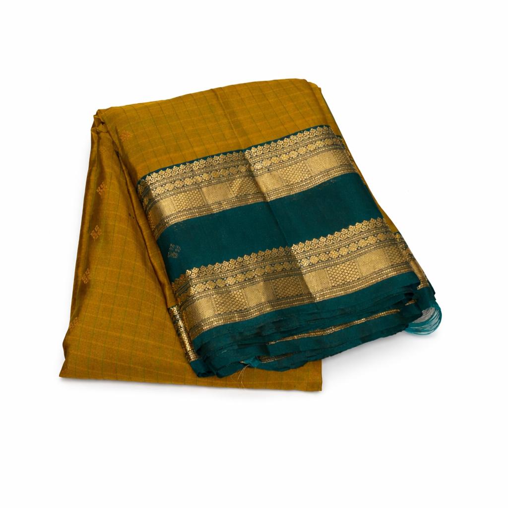 Mustard yellow with Peacock Green Kanchipuram Silk Saree With Retta Patta Border