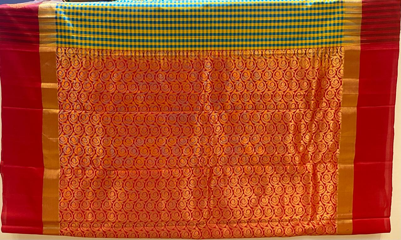 Peacock Green & Mustard checks with Maroon Border Single Putta Kanchipuram Silk Saree