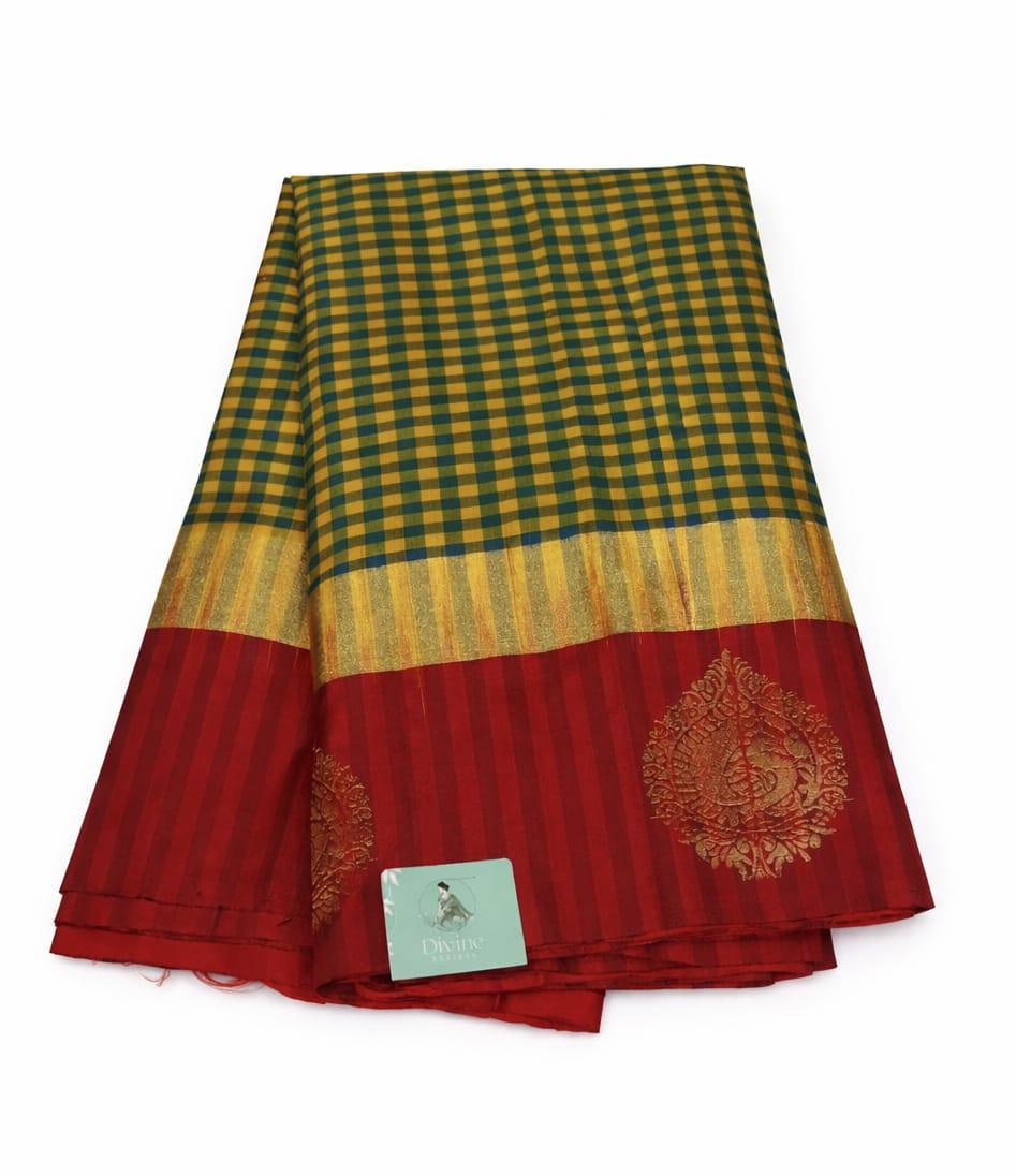 Peacock Green & Mustard checks with Maroon Border Single Putta Kanchipuram Silk Saree