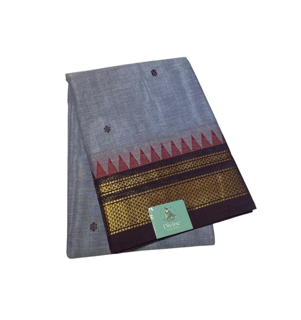Steel Grey With Maroon Zari Border Chettinadu Cotton Saree