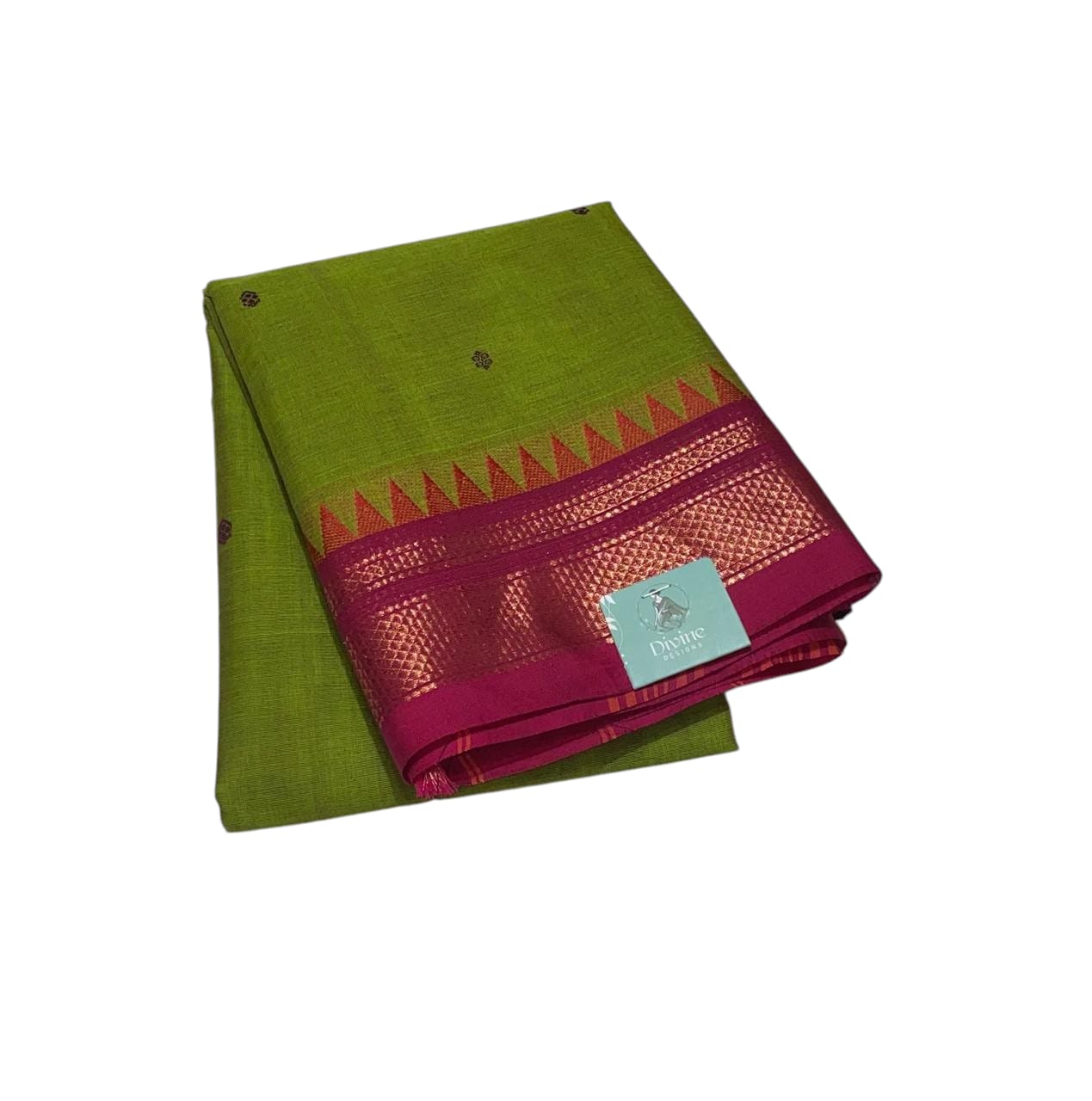 Parrot Green With Dark pink Zari Border Chettinadu Cotton Saree