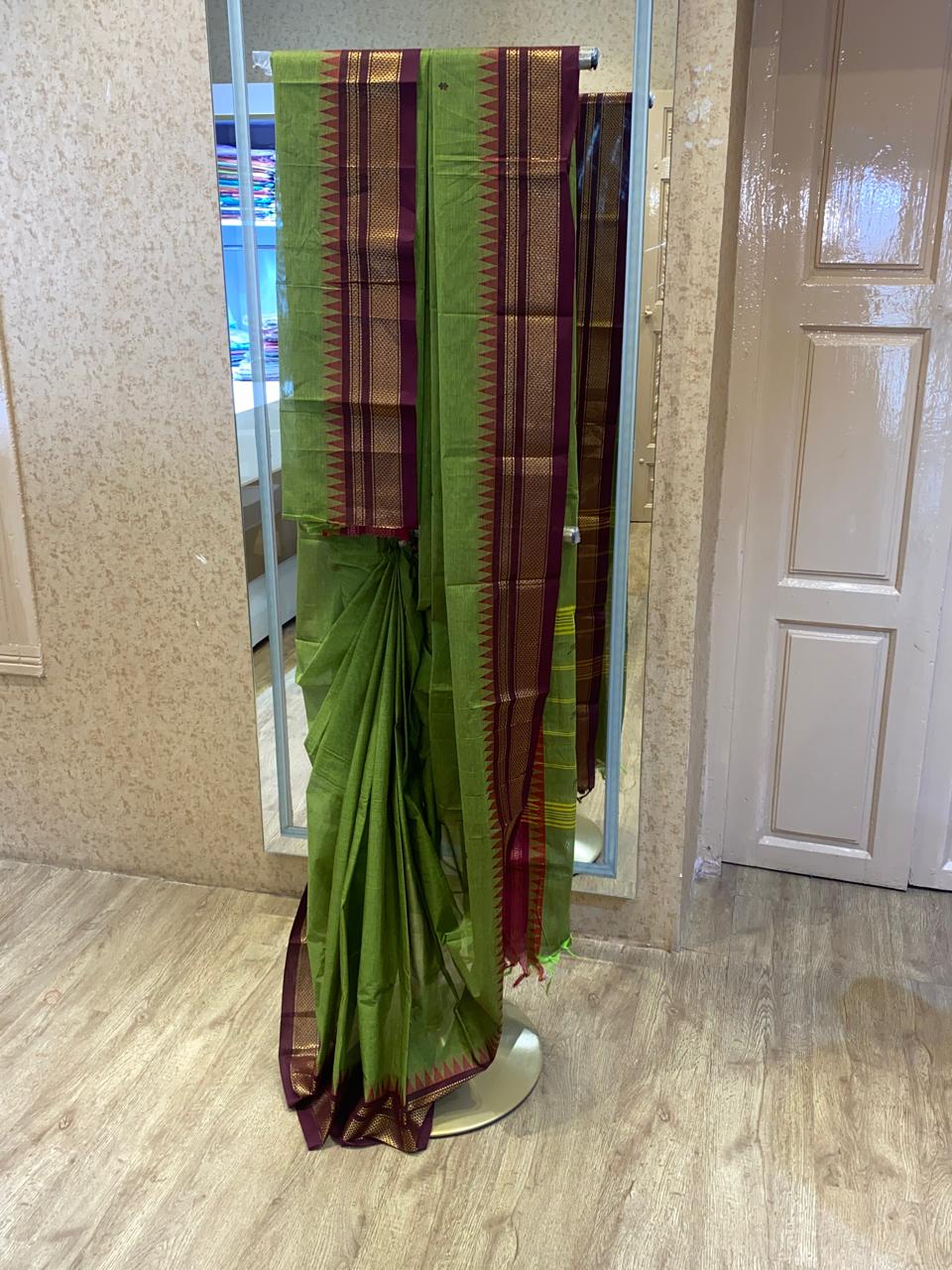 Parrot Green With Dark pink Zari Border Chettinadu Cotton Saree