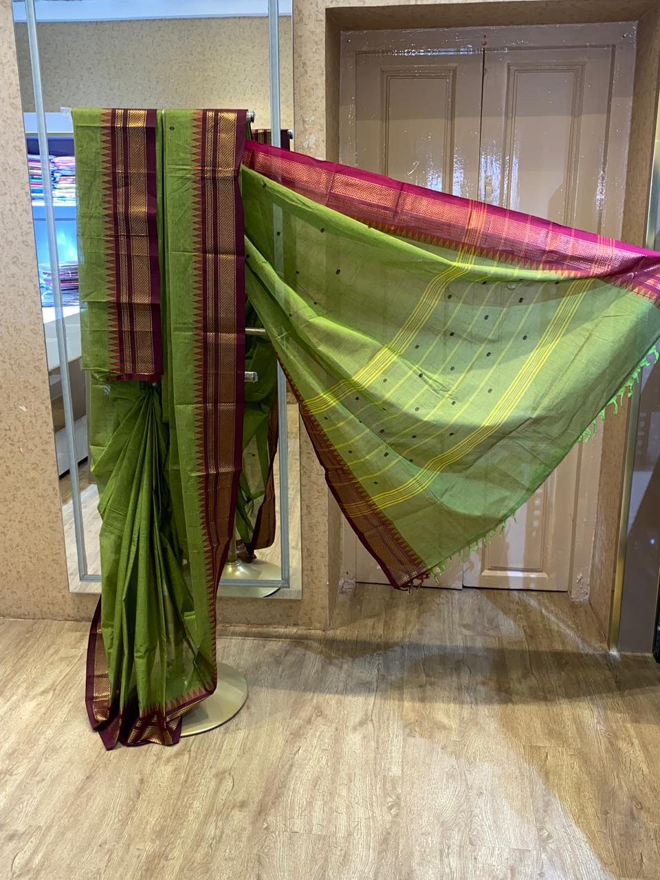 Parrot Green With Dark pink Zari Border Chettinadu Cotton Saree