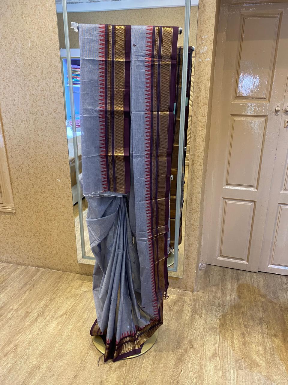 Steel Grey With Maroon Zari Border Chettinadu Cotton Saree