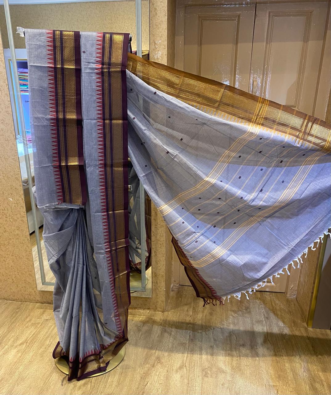 Steel Grey With Maroon Zari Border Chettinadu Cotton Saree