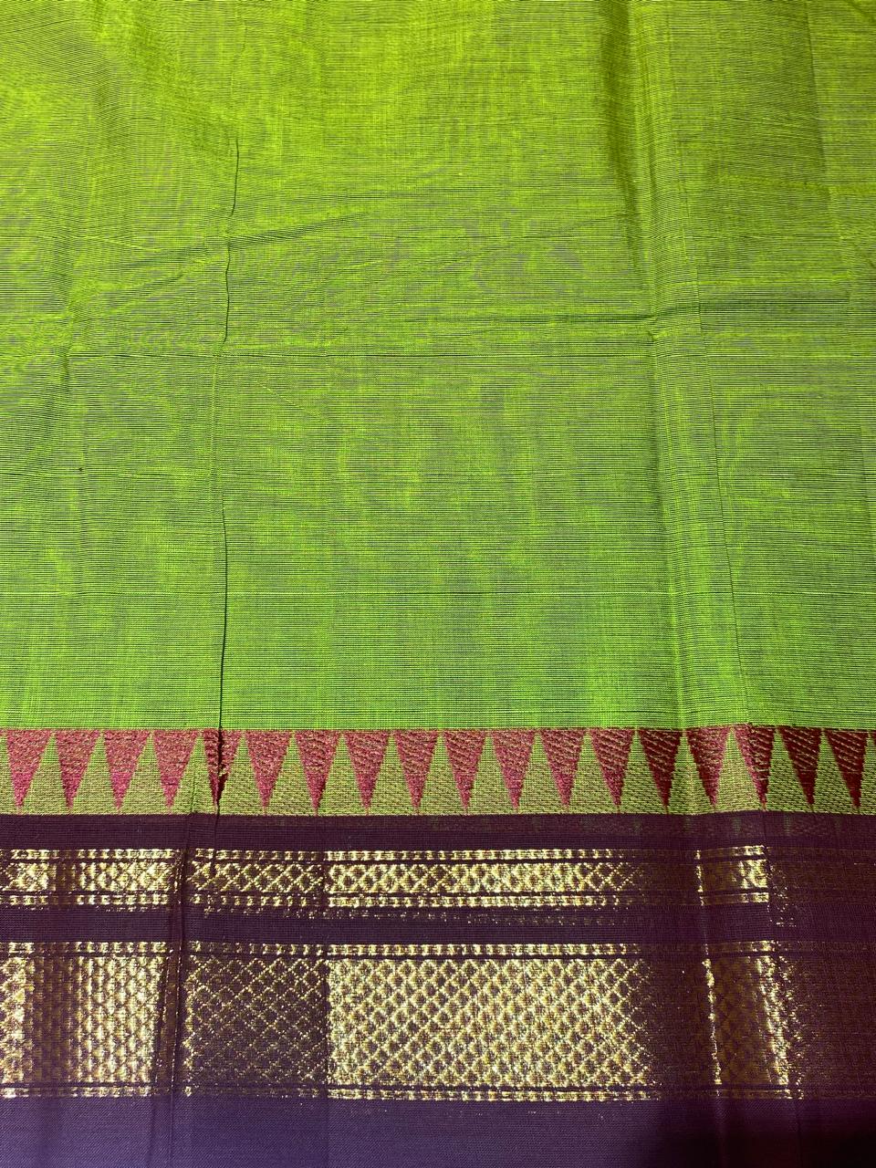 Parrot Green With Dark pink Zari Border Chettinadu Cotton Saree