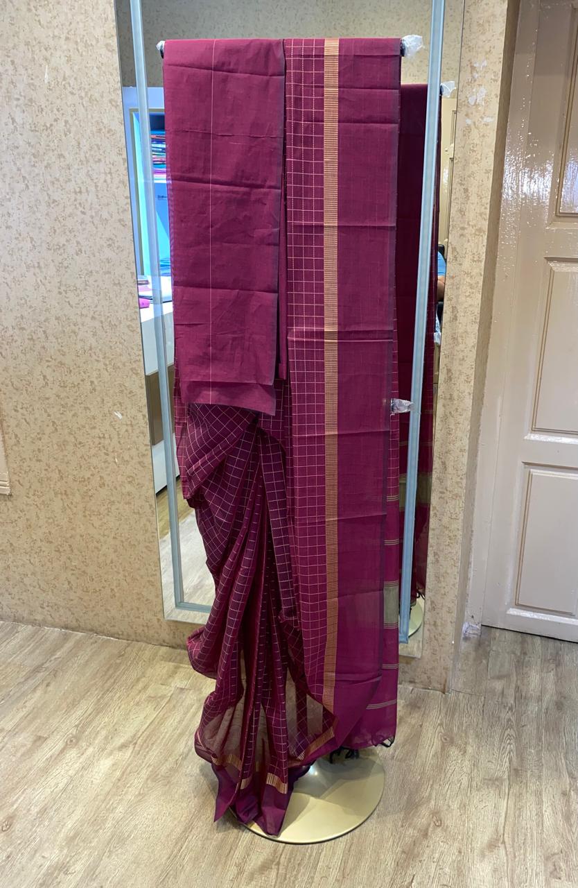 Deep Wine With Gold Checked Pattern Chettinadu Cotton Saree