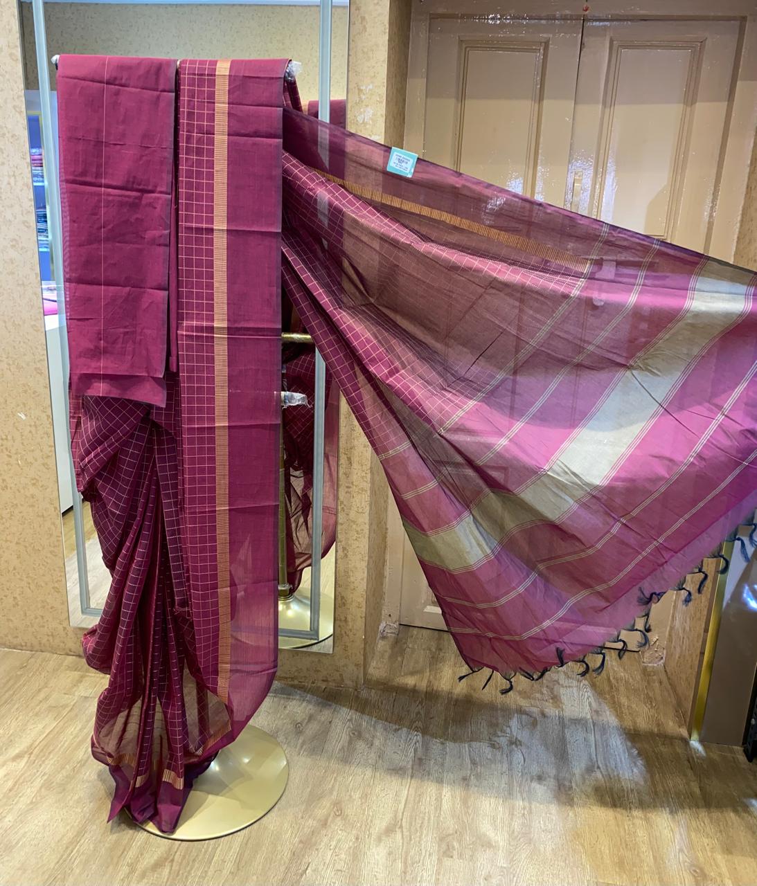 Deep Wine With Gold Checked Pattern Chettinadu Cotton Saree
