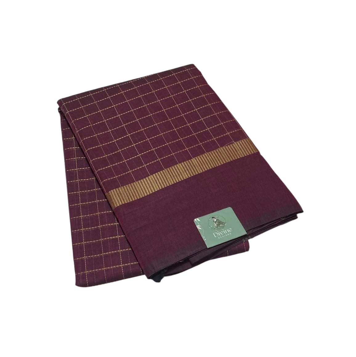 Deep Wine With Gold Checked Pattern Chettinadu Cotton Saree