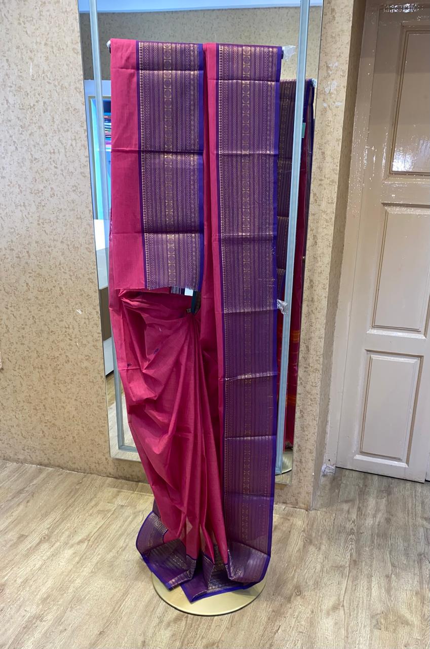 Rani Pink With Royal Blue Border Chettinadu Cotton Saree