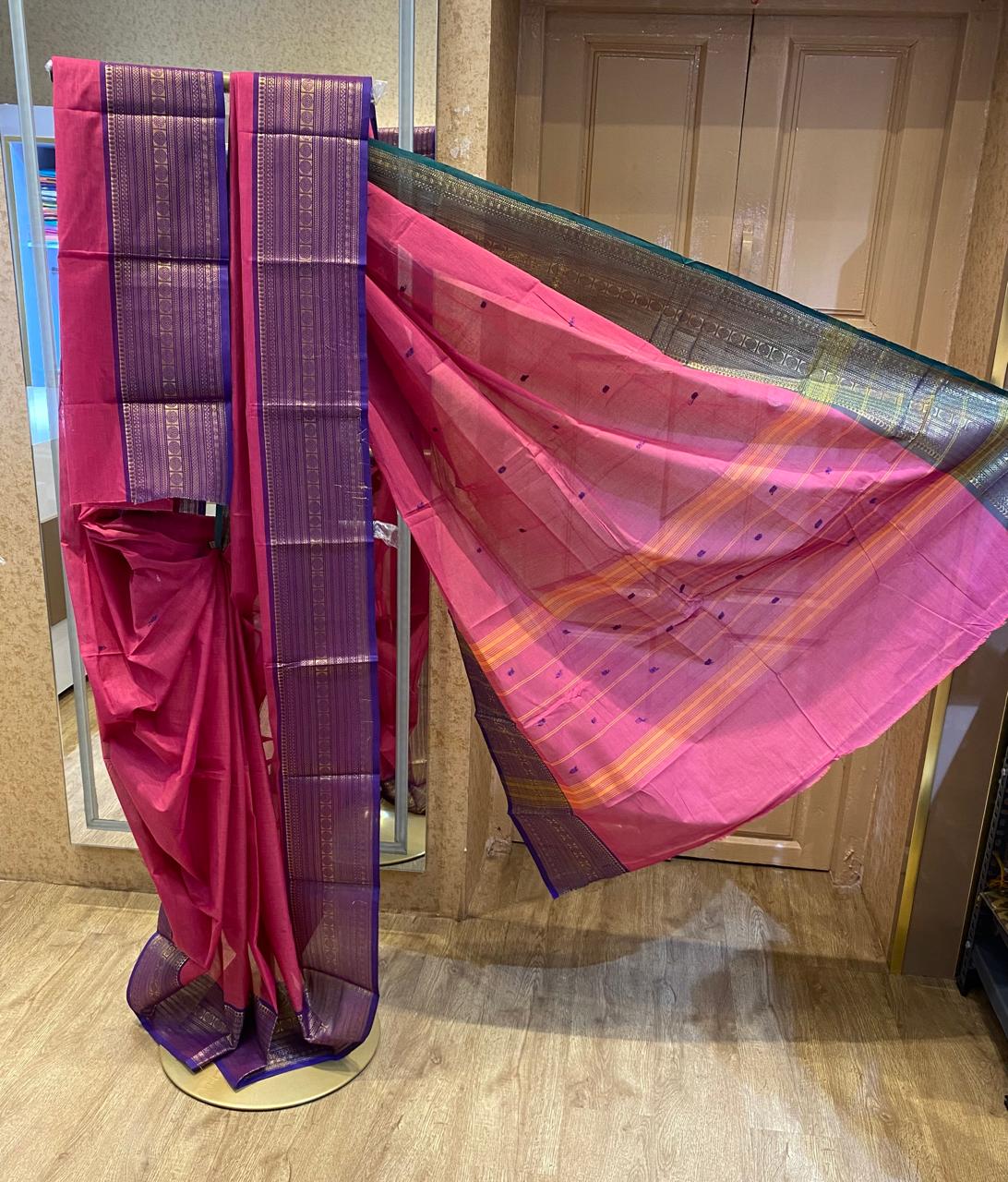 Rani Pink With Royal Blue Border Chettinadu Cotton Saree