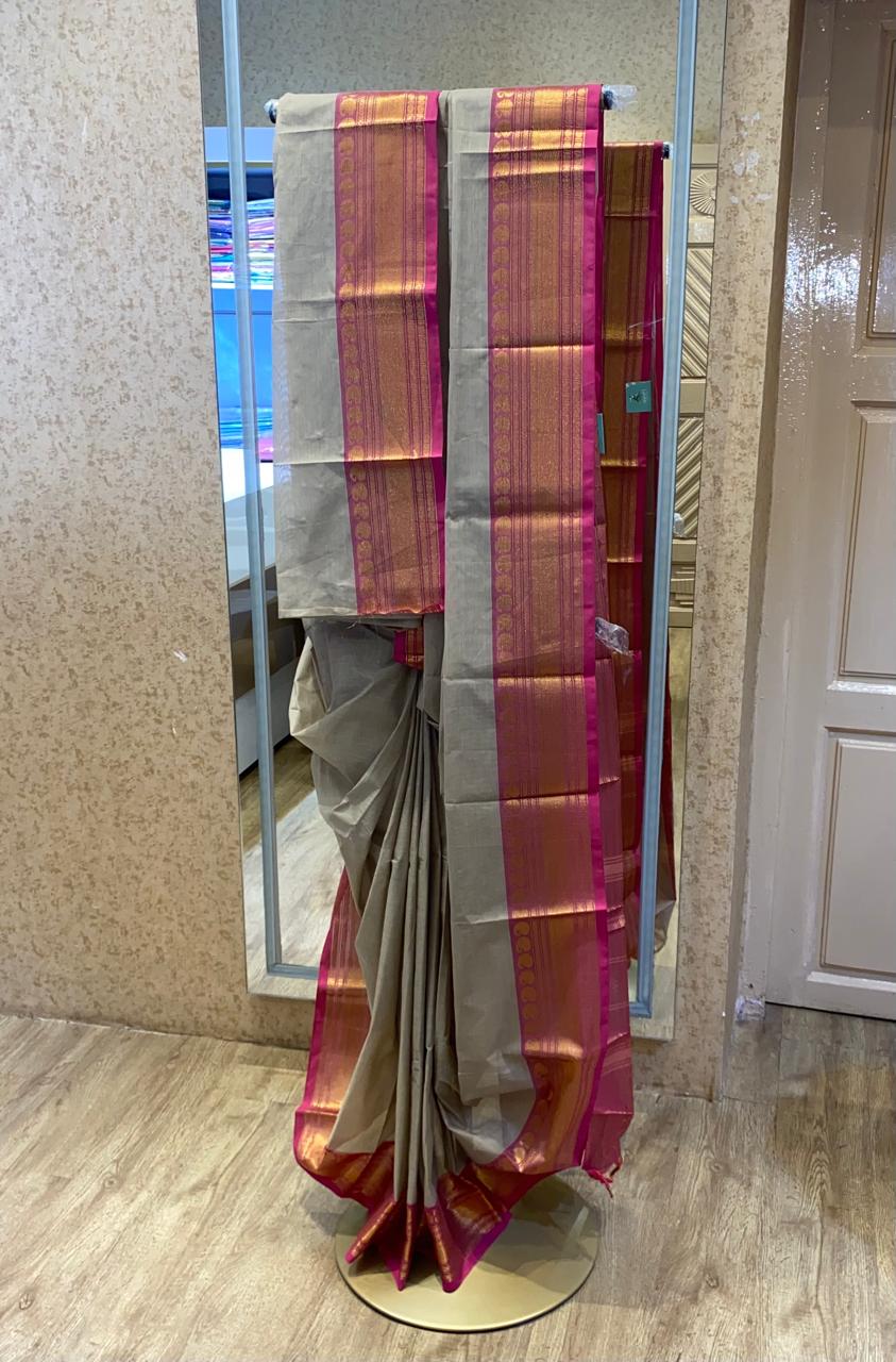 Sand Beige with Rani Pink Border  Chettinadu Cotton Saree