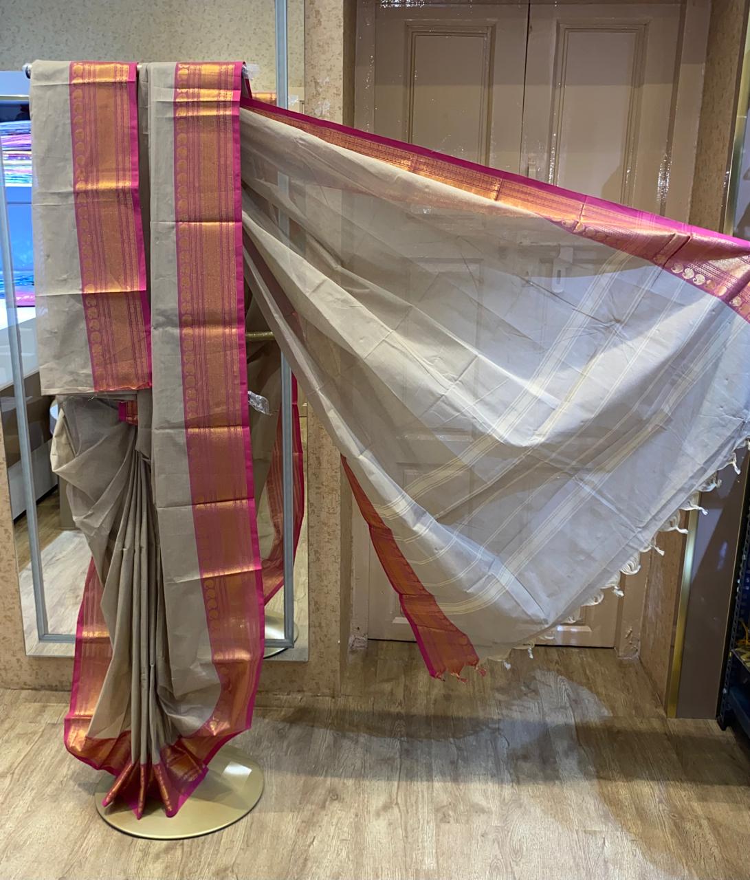 Sand Beige with Rani Pink Border  Chettinadu Cotton Saree