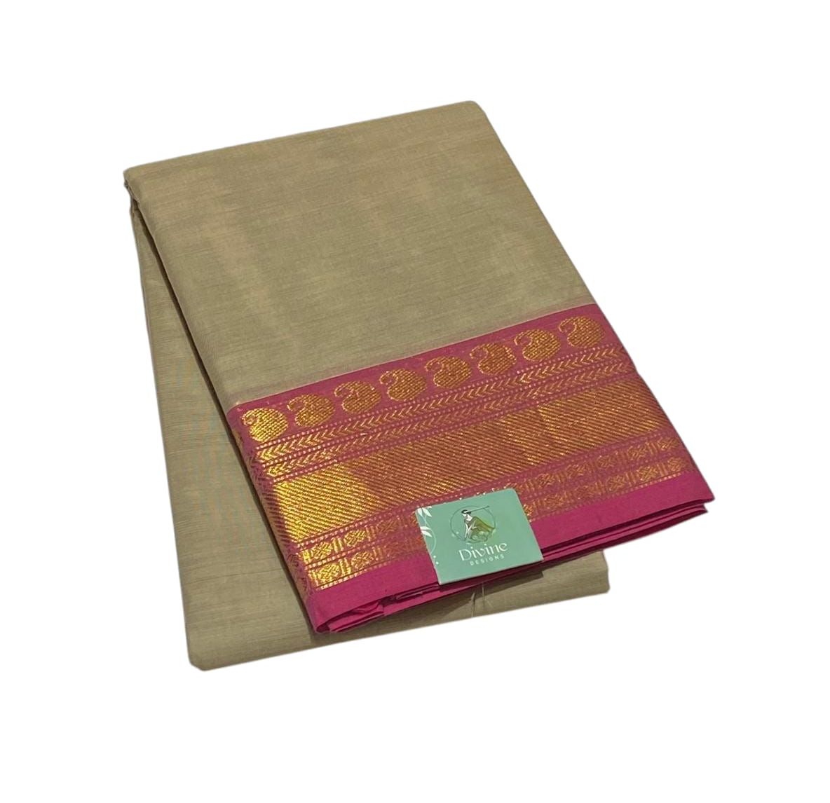 Sand Beige with Rani Pink Border  Chettinadu Cotton Saree