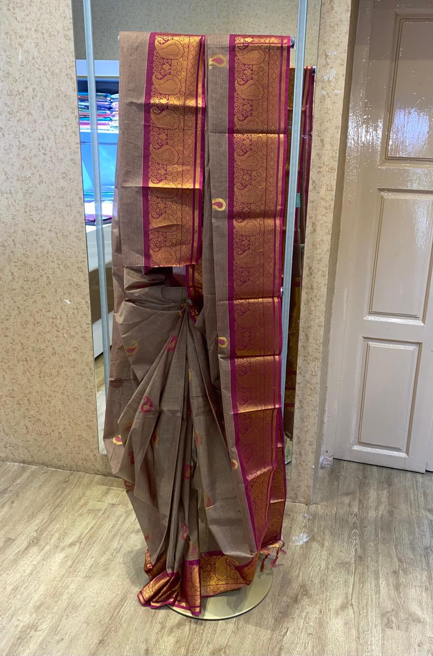 Coffee Brown  With Rani Pink Gold Zari Border Chettinadu Cotton Saree