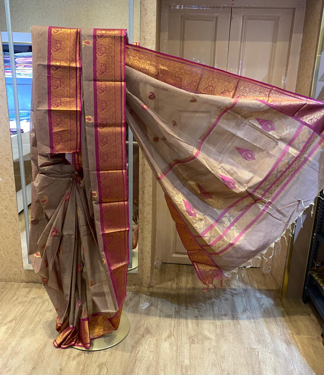 Coffee Brown  With Rani Pink Gold Zari Border Chettinadu Cotton Saree