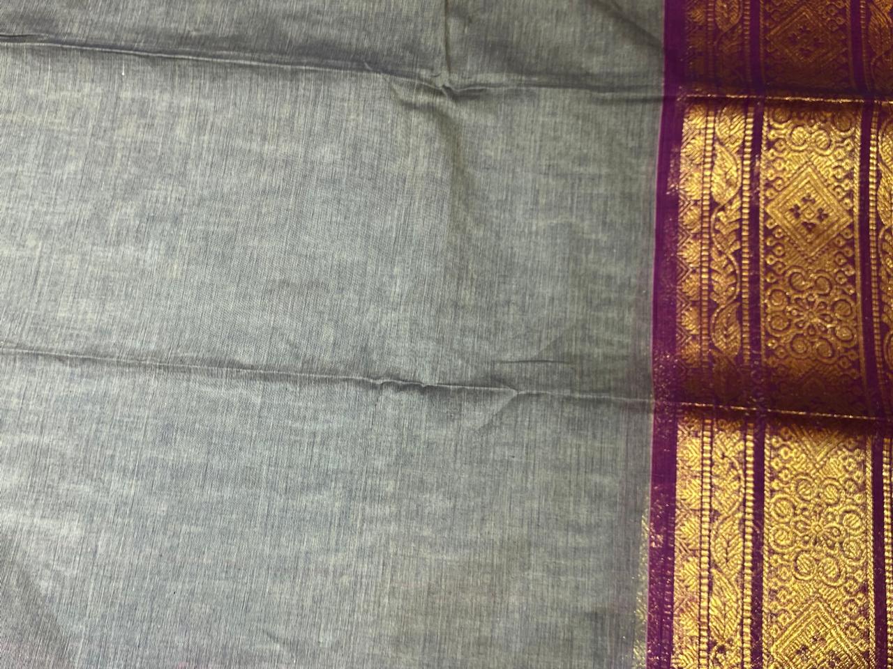 Ash Brown With Magenta Pink Gold Zari Border Chettinadu Cotton Saree