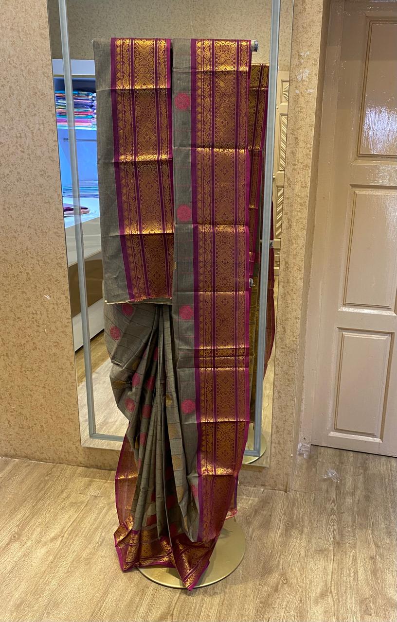 Ash Brown With Magenta Pink Gold Zari Border Chettinadu Cotton Saree