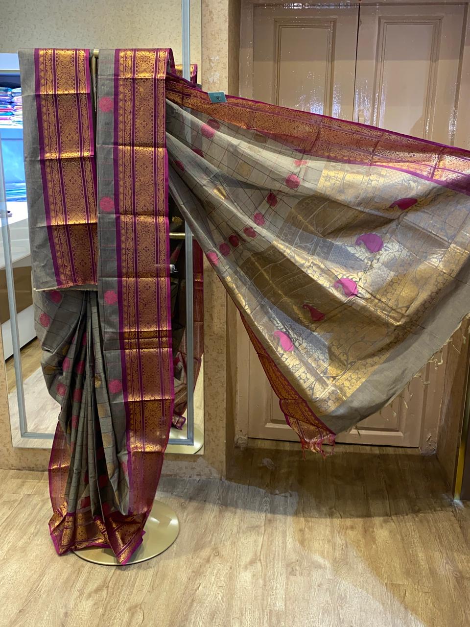 Ash Brown With Magenta Pink Gold Zari Border Chettinadu Cotton Saree