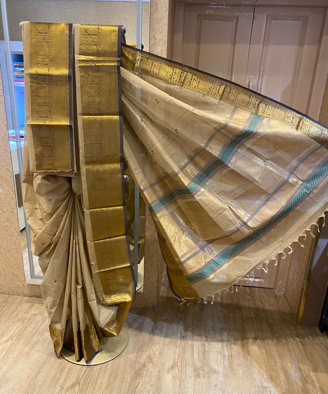 Sand Beige With Dark Coffee Brown Zari Border Chettinadu Cotton Saree