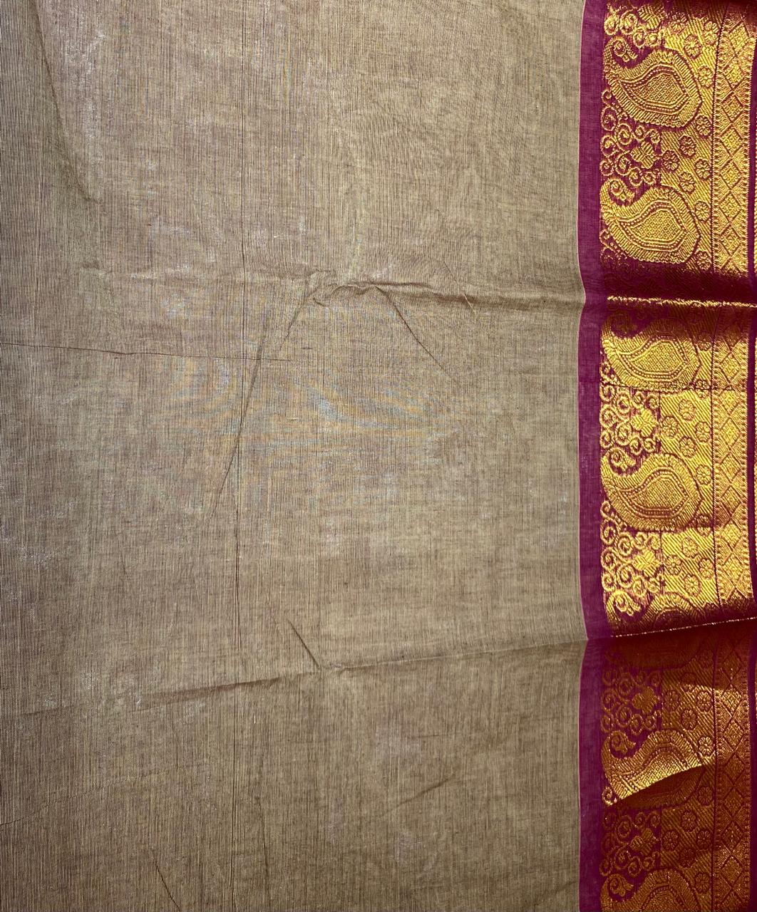 Coffee Brown  With Rani Pink Gold Zari Border Chettinadu Cotton Saree