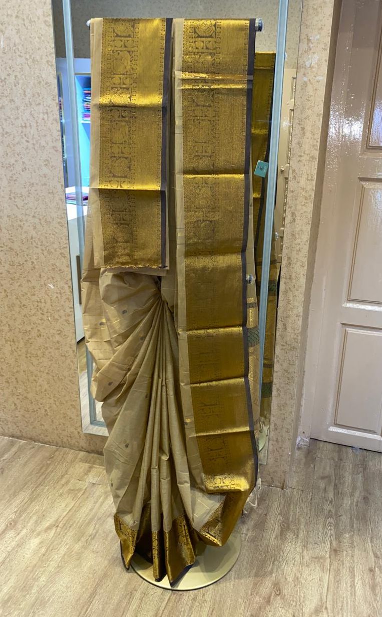 Sand Beige With Dark Coffee Brown Zari Border Chettinadu Cotton Saree