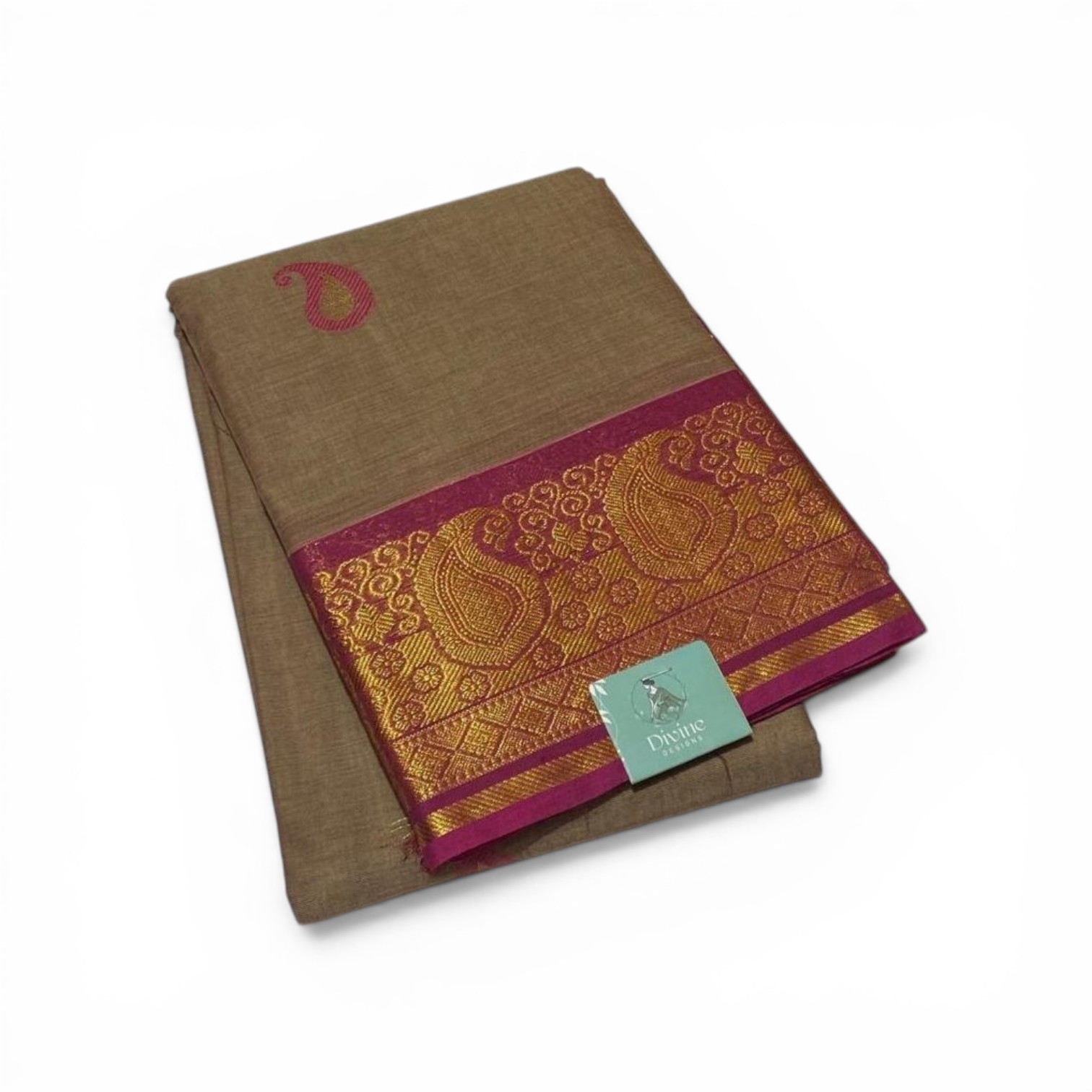 Coffee Brown  With Rani Pink Gold Zari Border Chettinadu Cotton Saree
