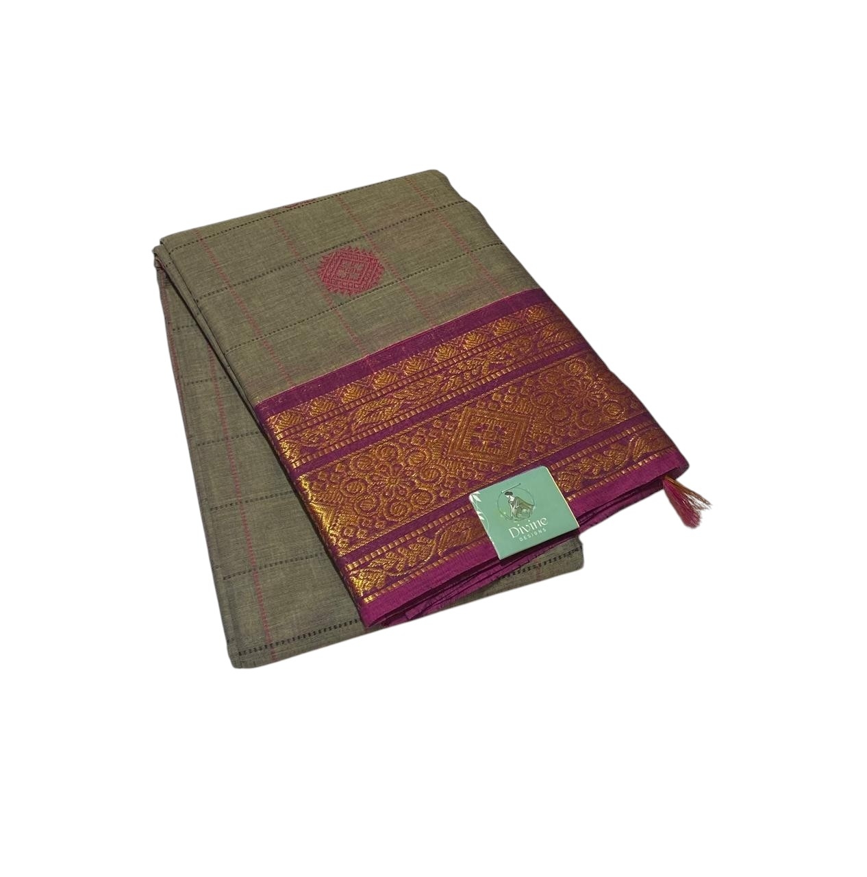 Ash Brown With Magenta Pink Gold Zari Border Chettinadu Cotton Saree