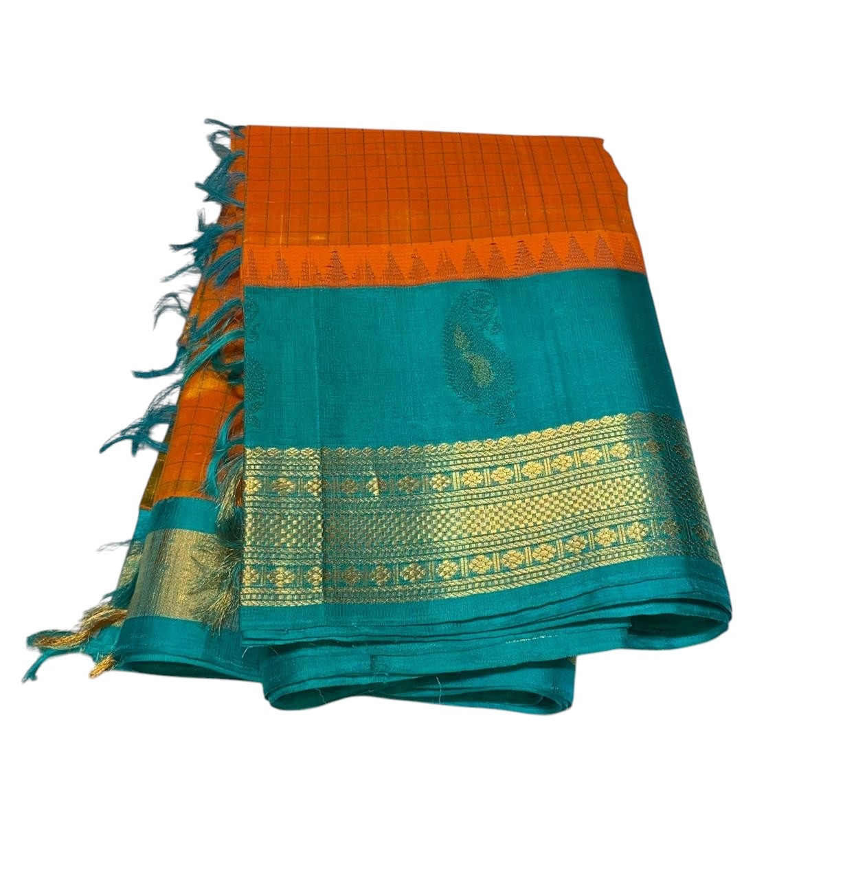 Mustard Orange Checks With Sky Blue Border Silk Cotton Saree ❤️
