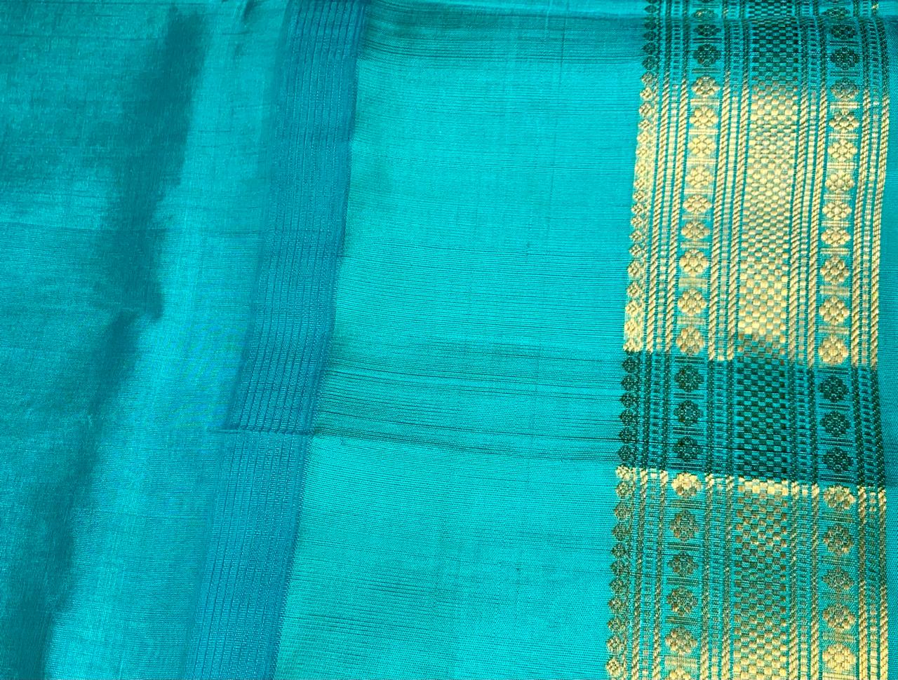 Mustard Orange Checks With Sky Blue Border Silk Cotton Saree ❤️