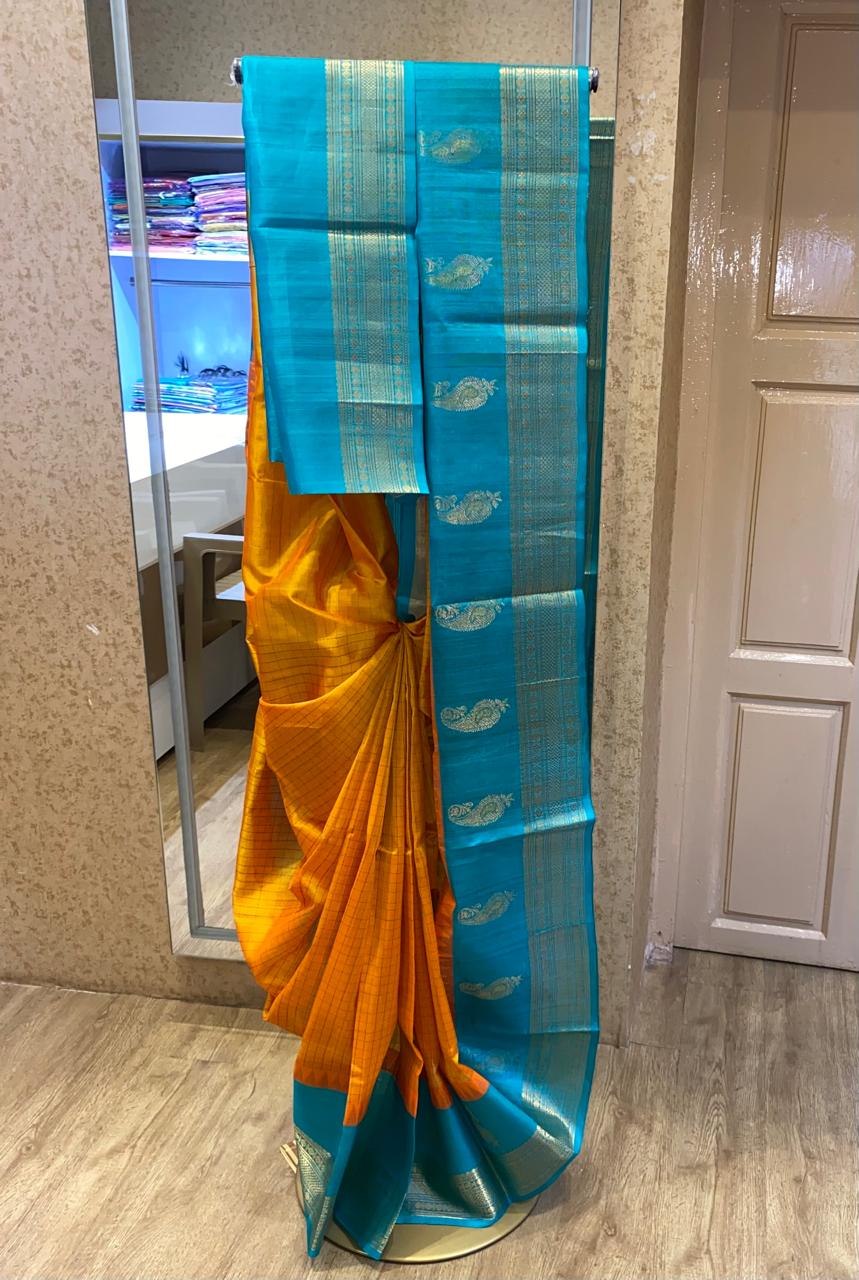Mustard Orange Checks With Sky Blue Border Silk Cotton Saree ❤️