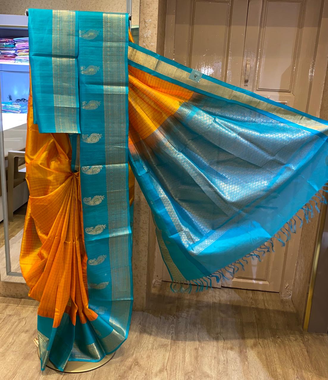 Mustard Orange Checks With Sky Blue Border Silk Cotton Saree ❤️