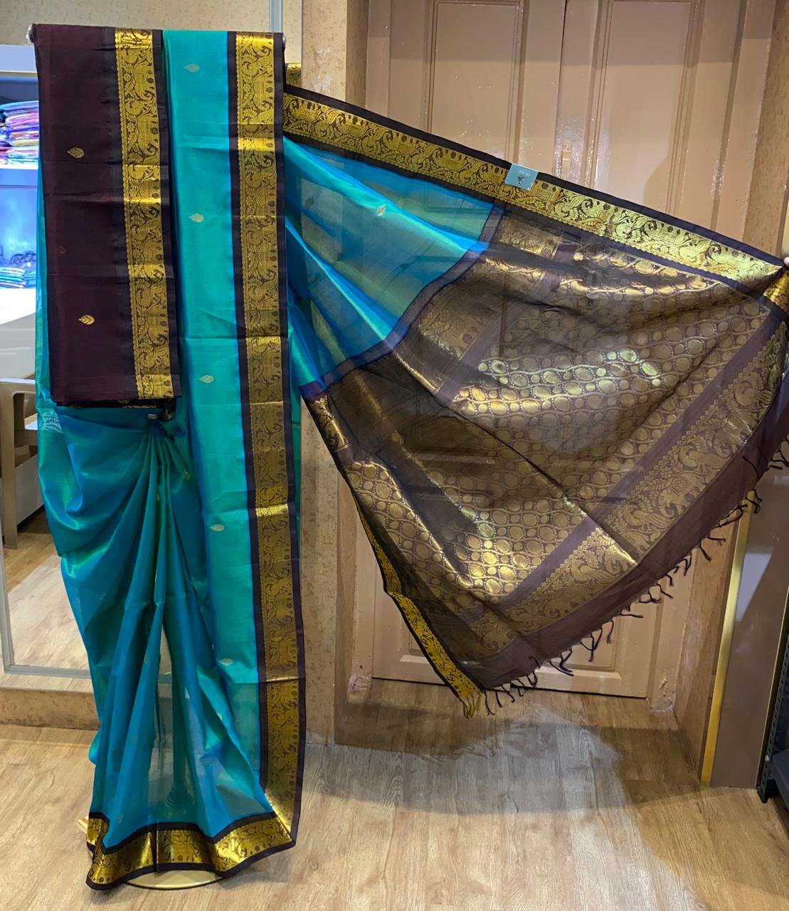 Peacock Blue With Zari Border Silk Cotton Saree ❤️