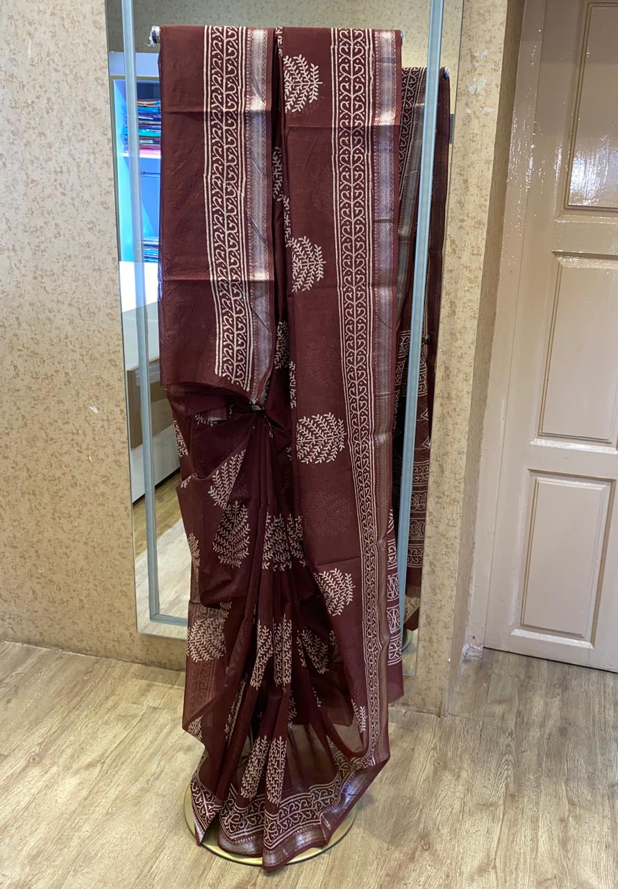 Chocolate Brown With Beige Print Maheshwari Silk Cotton Saree❤️